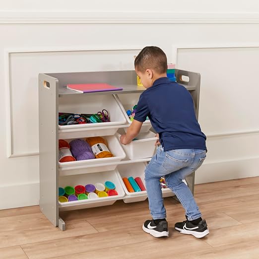 ECR4Kids 3-Tier Organizer with Shelf and 9 Removable Plastic Bins, 3x3, Toy Storage, Grey/White | Durable plastic bins, MDF panels, steel frame, GREENGUARD Gold Certified, 36 lb capacity, anti-tip kit, playroom/classroom - Image 8