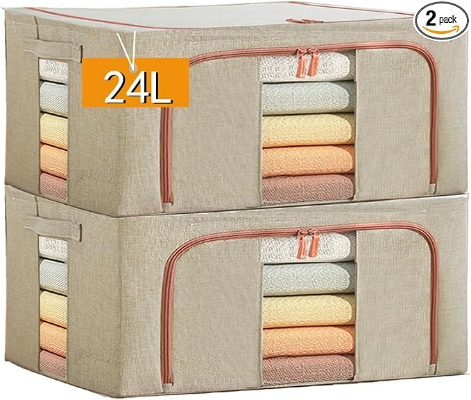 Linen Clothes Storage Bags, Sturdy Closet Organizers and Storage Bin with Hold Shape Metal Frame, 2 Opening Ways Fabric Visible Lidded Storage Box for Organizing Clothing,Bedding (2 Pack, 24L) by SWEERI