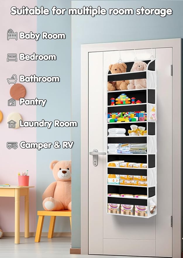TAHAVICE 1 Pack Over The Door Storage Organizer with 5 Large Pockets | 44 lbs Weight Capacity Door Hanging Organizers with 10 Mesh Pockets for Bedroom,Bathroom,Nursery,Kidroom(Light Gray) - Image 4