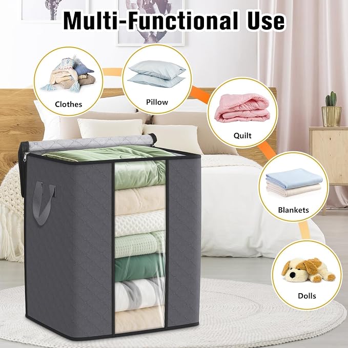 SpaceTrove Clothes Storage Bags, 4-Pack Comforter Blanket Organizers, 80L Large Capacity Containers with Visual Window for Clothing, Quilt, Sheet, Pillow, Closet Organization for Bedding (Grey) - Image 5