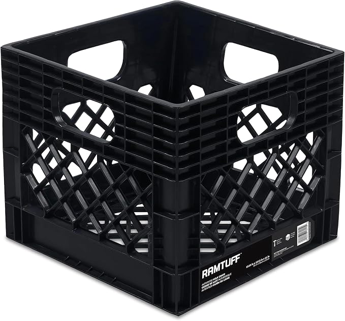 1 Pack Storage Milk Crate, Durable Plastic Home Organizers, Stackable Box Set with Reinforced Handles, 250 lb Load Capacity, Black by Ramtuff