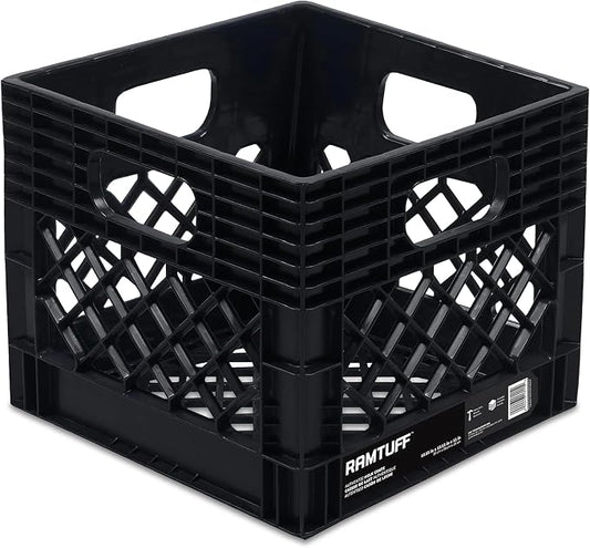 1 Pack Storage Milk Crate, Durable Plastic Home Organizers, Stackable Box Set with Reinforced Handles, 250 lb Load Capacity, Black by Ramtuff