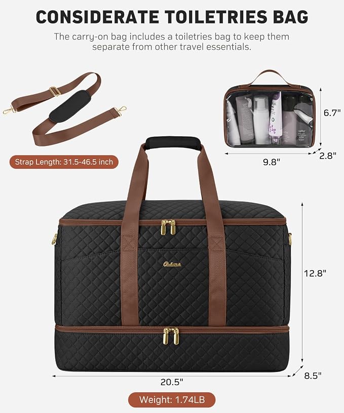 Duffle Bag for Travel, 40L Weekender Bag with Shoe Compartment, Carry On Overnight Bag for Women with Toiletry Bag Duffel Bags with Wet Pocket for Gym Hospital Bags for Labor and Delivery Black Brown - Image 5