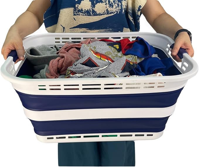 SAMMART 42L (11 Gallons) Collapsible Plastic Laundry Basket - Foldable Pop Up Storage Container/Organizer - Portable Washing Tub - Space Saving Hamper/Basket [BPA Free] (White/Starry Blue (Set of 2)) - Image 7