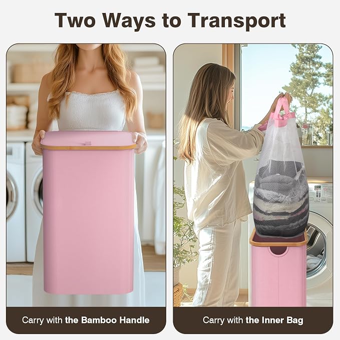 Laundry Hamper with Lid, Laundry Basket with Removable Bag, Pink | 100L Large Dirty Clothes Hamper with Handle, Freestanding Bamboo Laundry Hamper for Bedroom, Bathroom, Laundry Room - Image 3
