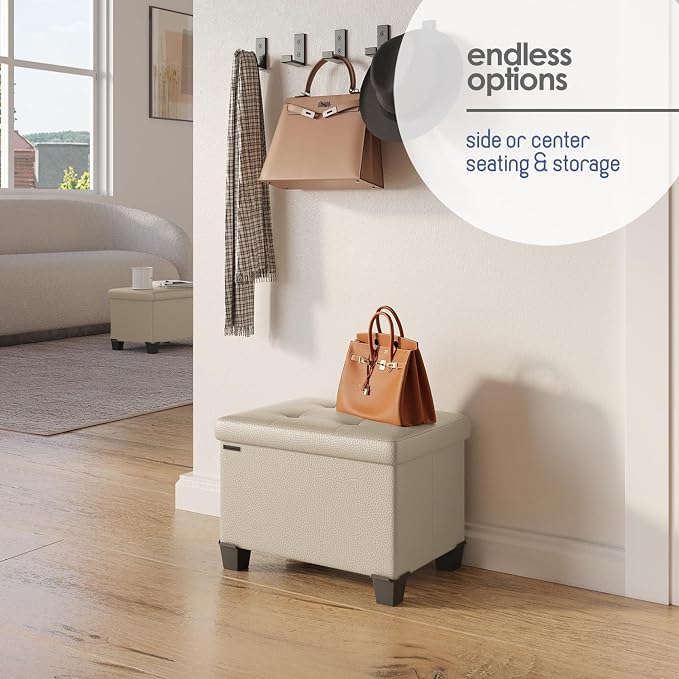 Storage Ottoman Cube with Small Bin, 16-in Square Ottoman with Storage for Living Room and Bedroom, Small Ottomans Foot Rest, Leather Foot Stools Ottomans Max 330lbs, Beige - Image 6