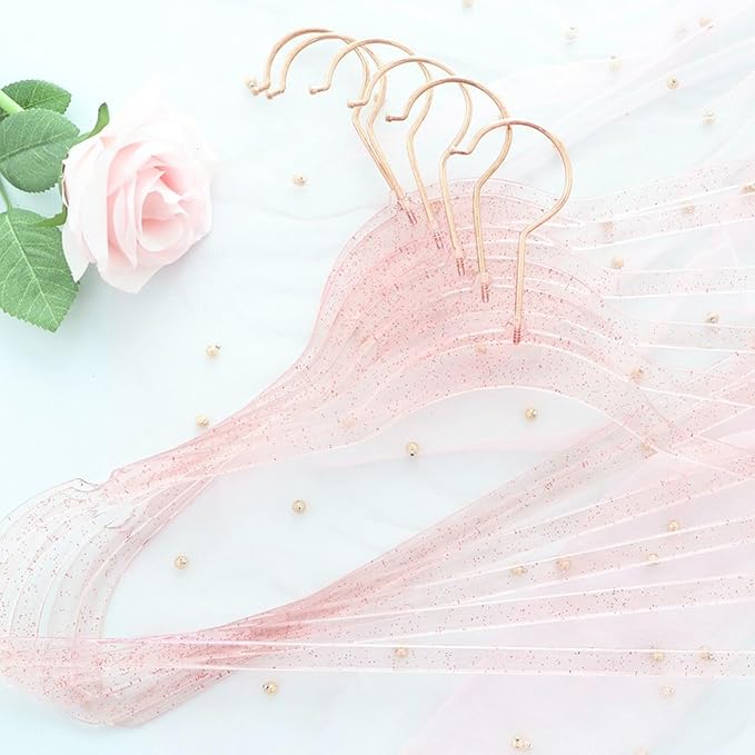 Pink Clothes Hangers 16", 20 Pack Plastic Clear Coat Hanger for Adult Closet, Durable Bling Ganchos de Ropa with Swivel Hook, Notched Shoulders & Ultra-Thin Space Saving Laundry Hanger for Dress Suits - Image 7