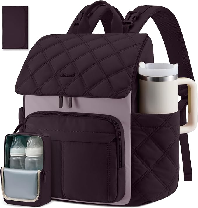 LOVEVOOK Diaper Bag Backpack With Pocket For Large Capacity Cup,Multi-Function Baby Travel Bag For Mom Dad,Waterproof Baby Bag for Boys Girls with Changing Pad,Insulated Bag,Stroller Straps,Purple by LOVEVOOK
