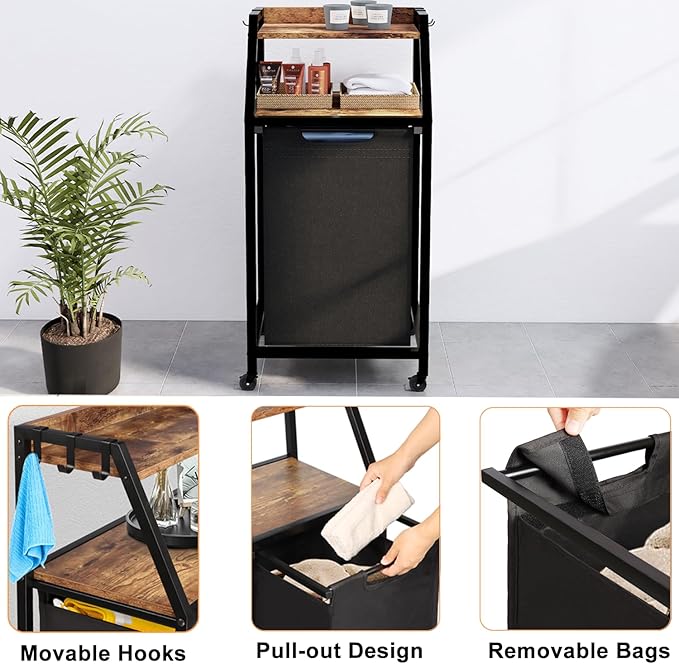 Laundry Hamper, Laundry Sorter, Rolling Laundry Basket with Wheels, 2 Shelves, 18 Gal(68L), Pull-Out and Removable Oxford Fabric Bags, for Laundry Room, Black and Rustic Brown - Image 4