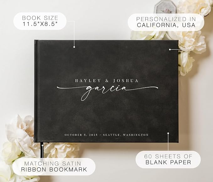Personalized Guest Book - 11.5" x 8.5" Custom Bride & Groom Names with Bookmark and Hard Cover 140 GSM Blank Pages, for Weddings Guest Book, Engagements, Birthdays, Special Events, Charcoal - Image 2