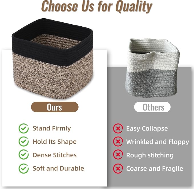 3 Pack Cube Storage Bin, 9”x9”x7” Cotton Rope Woven Baskets for Organizing Toys Clothes Towels, Square Gift Storage Baskets for Shelves, Nursery, Closet, Bathroom, Pantry (Black & Brown) - Image 8
