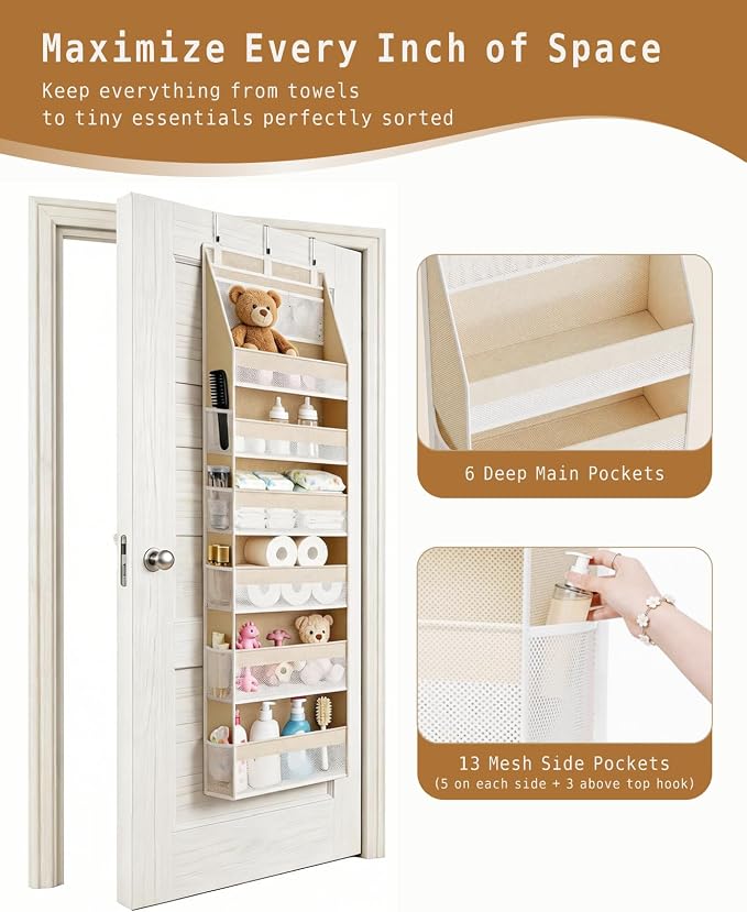 KMSCO Over The Door Organizer 6 Large +13 Mesh Side Pockets | 55lbs capacity, heavy duty non-woven fabric.Ideal for nursery, bathroom, pantry, closet. Beige, 1 pack. - Image 3