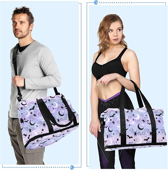 Travel Duffel Tote Bag Bat Starry Sky Sports Duffel Bag with Wet Pocket Weekender Overnight Bag for Women Men Gym Bag, Carry On Bag Hospital Bag for Labor and Delivery - Image 5