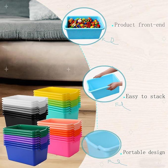 36 Pack Plastic Cubby Bins, Stackable Storage Bins with Adhesive Label Toy Book Organizer Baskets for Classroom, Library, Playroom, Home & Office Organization (Twelve Colors) - Image 3