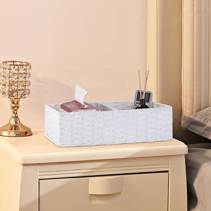 2 Section Wicker Storage Basket, Wicker Baskets for Storage, Toilet Paper Basket for Toilet Tank Top, Small Wicke Baskets for Organizing Shelves, 2-Pack, White - Image 6