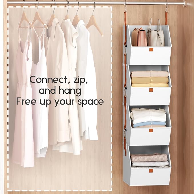 Hanging Closet Organizer 4 Tier - Clothes Hanging Shelves, Space-Saving Closet System, Fabric Storage Bins Bedroom Organization, Collapsible Baskets for Home, Dorm, Rv, White, 8 Pack - Image 5