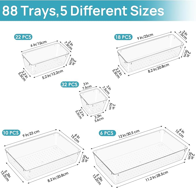 Vtopmart 88PCS Clear Plastic Drawer Organizers Set, 5-Size Versatile Bathroom Drawer Organizer Trays, Storage Bins for Makeup, Vanity, Kitchen Gadgets Utensils and Office - Image 2