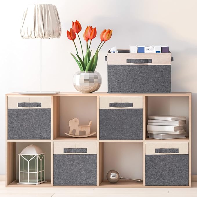 GhvyenntteS Large Fabric Storage Bins for Shelves with 3 Handles, 15x11x9.6in Closet Storage Bins, Sturdy Foldable Storage Baskets for Shelves Closet Bedroom Living Room Office (Beige, Set of 6) - Image 7
