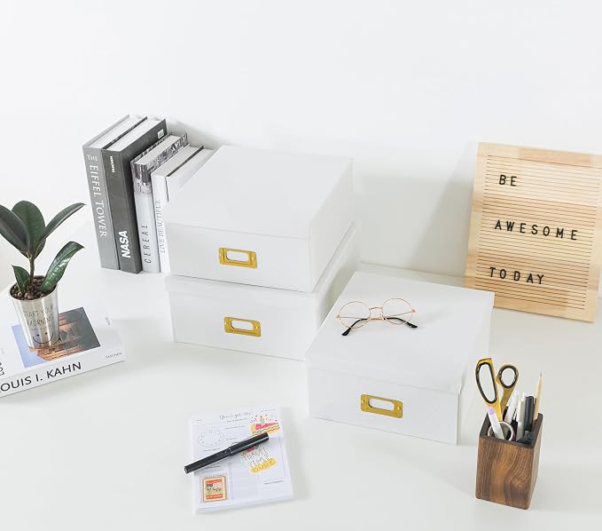 Soul & Lane - White and Gold Decorative Storage Boxes with Lids, Set of 3 | Square Stacking Kraft Memory Photo Storage with Label Holders, Nesting Cardboard Paper Bins for Office and Shelves - Image 6