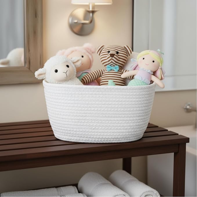 Sawysine 6 Pcs Storage Baskets Bulk for Organizing Cotton Rope Woven Basket with Handles for Gift Cloth Shelves Blanket Toys Living Room(White) - Image 3