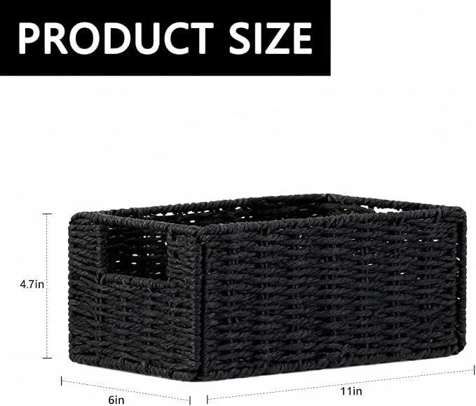 6 Pcs Small Wicker Baskets, Wicker Woven Storage Basket with Handle | Toilet Paper Baskets Towel Basket Foldable Cube Storage Organizer Bins for Shelves, Black - Image 2