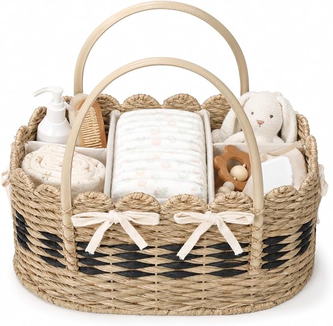 Large Diaper Caddy Organizer, Handwoven Natural Seagrass Basket with 5 Compartments, Scalloped Wicker Changing Table Organizer (Natural, XXL) by Klippehop
