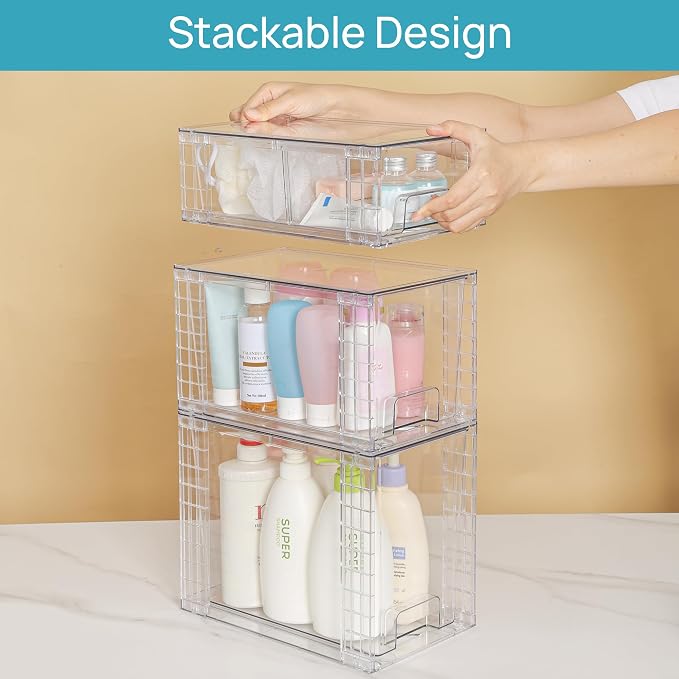 Vtopmart Clear Stackable Storage Drawers, 6 Pack Tall Organizer Set | Tall, Medium and Small Pull-Out PET Drawers with Stackable Design for Bathroom Under-Sink Storage and Vertical Organization - Image 8