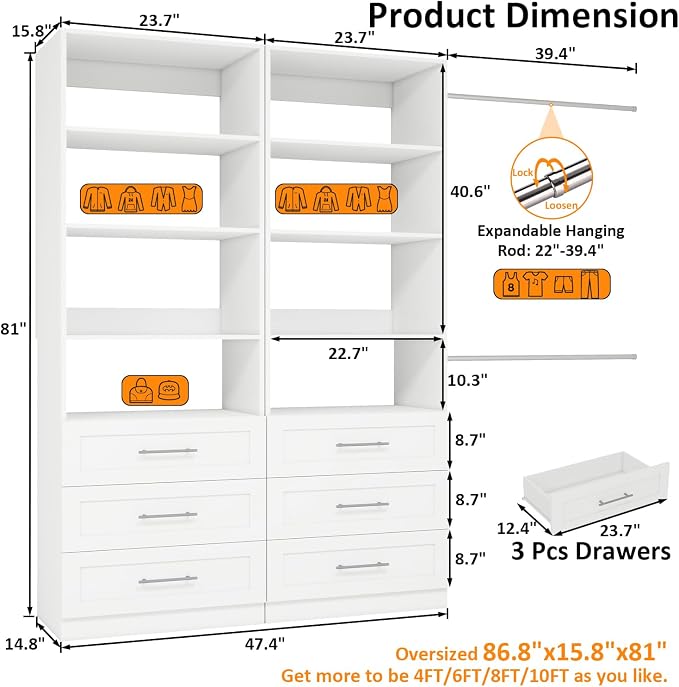 Closet System with 6 Drawers & 8 Shelves, Wood Closet Organizer System with 2 Extra Hanging Rod for Walk in Closet, Modular Closet Organizer System White(4FT) - Image 8