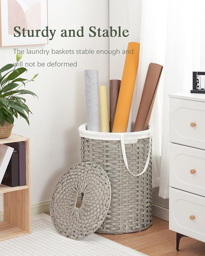 SETVSON Laundry Basket with Lid Round 29.1 Gal (110 L) PE Rattan, Gray | Decorative PE Rattan Furniture Look for Bedroom, Round Laundry Hamper with Lid, Removable Bag, 2 Mesh Bags, Handles - Image 6