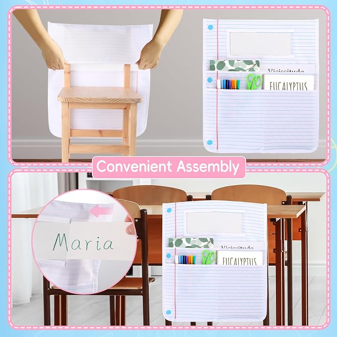 gisgfim 24Pcs Notebook Chair Pockets for Classroom Notebook Chair Back Buddy Pocket with Name Tags 17x20In Chairs Organizer 3 Pockets Seat Storage Pocket for School Classroom Daycare Home Supplies - Image 5