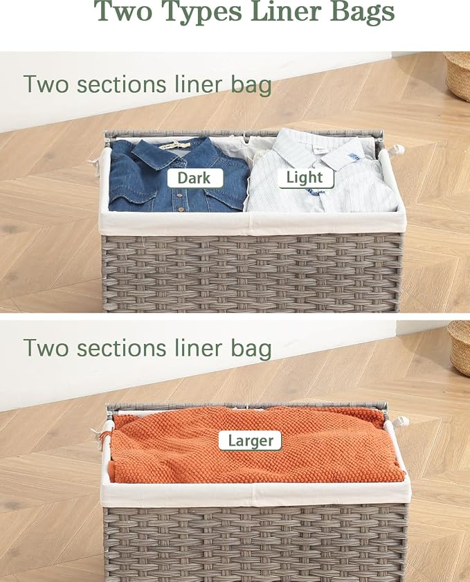SETVSON Storage Basket with Lid PE Rattan 27.8 Gal Wicker Chest, Gray | 105L Woven Wicker Baskets with 2 Separate Lids, 2 Removable, washable linings, Sturdy Iron Frame, 25.2 x 15.4 x 16.1 Inches - Image 5