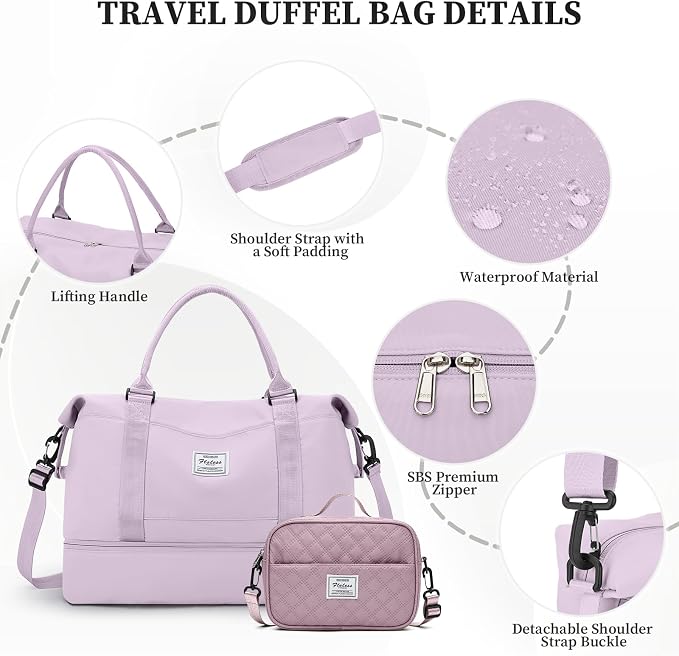 Weekender Bags for Women,Personal Item Travel Bag with Shoes Compartment | Overnight Travel Duffel Bag with Grid Toiletry Bag,Carry-On Bag - Image 6