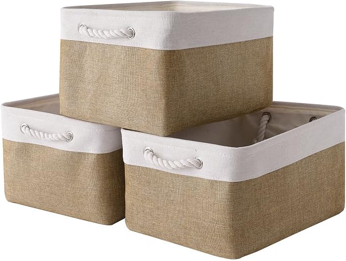 Rectangular Fabric Storage Baskets for Organizing, Shelves, Decorative & Gift (White & Peru) by Sacyic