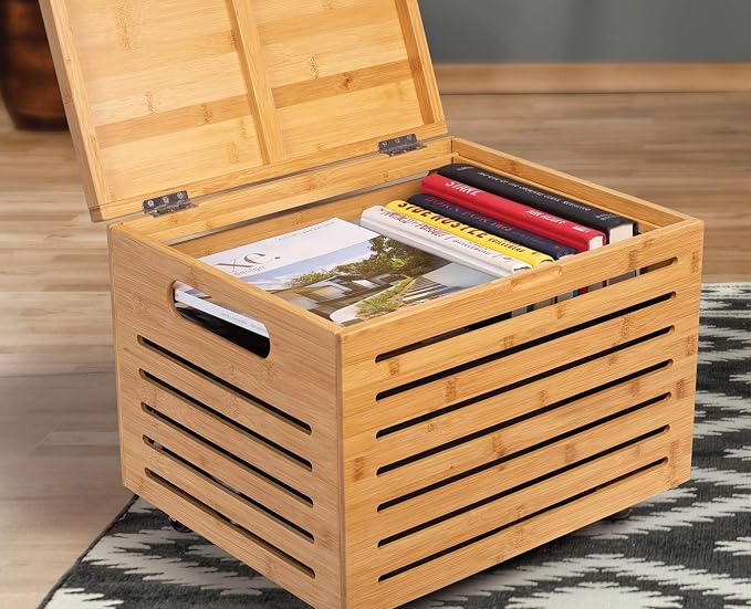 BIRDROCK HOME Rolling File Storage Organizer Box with Lid - Bamboo Decorative Wood Hanging File Box for Letter/Legal Documents, Binders, Blankets - Durable Office Organizer - Natural - Image 8