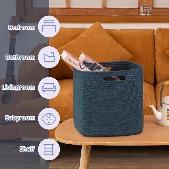 OIAHOMY 2 PACK Cube Storage Bin 13 Inch Collapsible Storage Cube Blue | Cube Storage Organizer Storage Bins for Shelves Baskets for Organizing Woven Rope Storage Baskets - Image 4