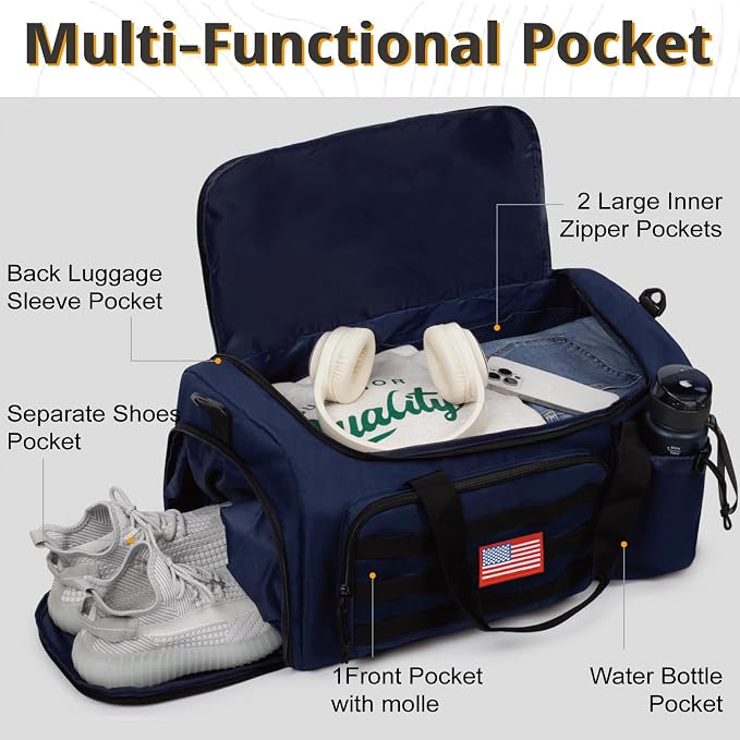 Tactical Gym Bag for Men, 60L Duffle Bag with Shoes Compartment for Travel | Water-Resistant Sports Weekender Bag with Adjustable Shoulder Strap Wet Pocket for Gym,Travel,Hiking,Camping Overnight Trips - Image 3