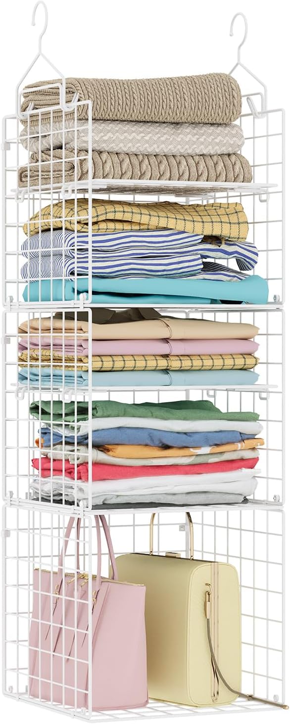 X-cosrack Closet Hanging Organizer and Storage - 5 Tier Hanging Shelves, Wire Closet Shelf Organizer Basket with Adjustable Dividers for Home Clothing Sweaters Shoes Handbags by X-cosrack