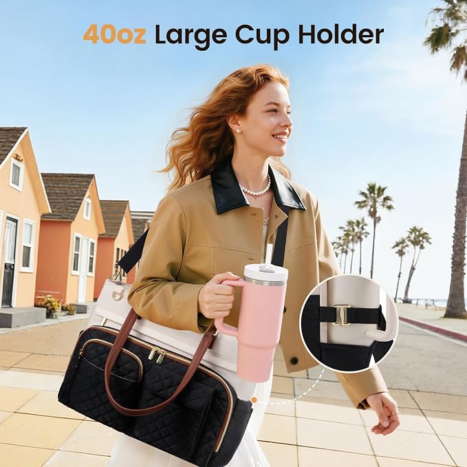 LOVEVOOK Lunch Bag, Tote Bag for Women with Insulated Lunch Compartment, Laptop Bag with Cup Holder, Work Tote for Teacher fit 17.3 Inch Laptop, Nurse Tote with Large Capacity, Black-Beige-Brown - Image 4