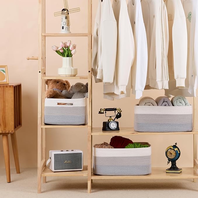 MiniArk Large Storage Baskets for Shelves, 17 x 13 x 7.5” Closet Organizers Bins for Clothes Blanket Towels, Baby Nursery, Toy Baskets Box, Woven Rope Baskets, 3 Packs Gradient Grey - Image 3