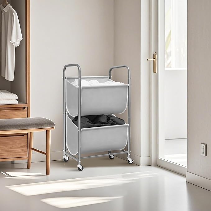 STORAGE MANIAC 80 Liters Vertical Rolling Laundry Hamper, 2 Section Laundry Sorter with Wheels and 2 Breaks, 2-tier Laundry Baskets for Small Space, Dorm, Laundry Room, Closet, Bathroom, Gray 2-tier - Image 7