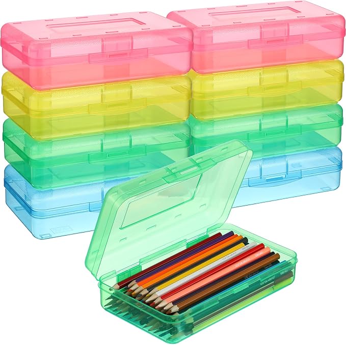 Fainne 12 Pcs Plastic Pencil Boxes Bulk,Clear Pencil Case,Bright Colors | Large Organizer for Crayons Markers, See-through Design, Multi-purpose School Supplies Storage, Secure Snap Lid Closure by Fainne