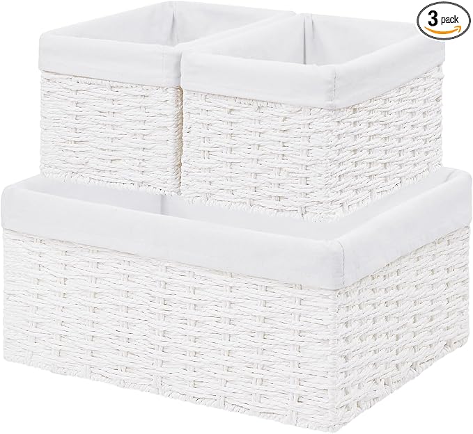 Wicker Basket, Set of 3 Hand-woven Storage Baskets for Organizing, Decorative Rectangle Wicker Storage Basket Bins with Handles, Small Toilet Paper Storage Baskets for Shelves & Decor, White by Vagusicc