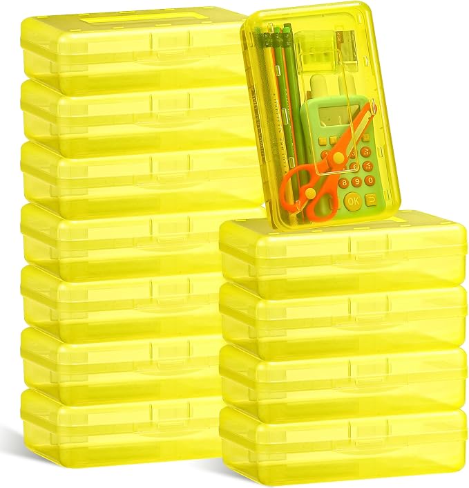 Leelosp 12 Pack Pencil Boxes Bulk, Large Plastic Case,Yellow | Stackable Hard Storage Box with Snap Lid for School Classroom, Desk Drawer Organizer, Crayons Markers Kids Supplies by Leelosp