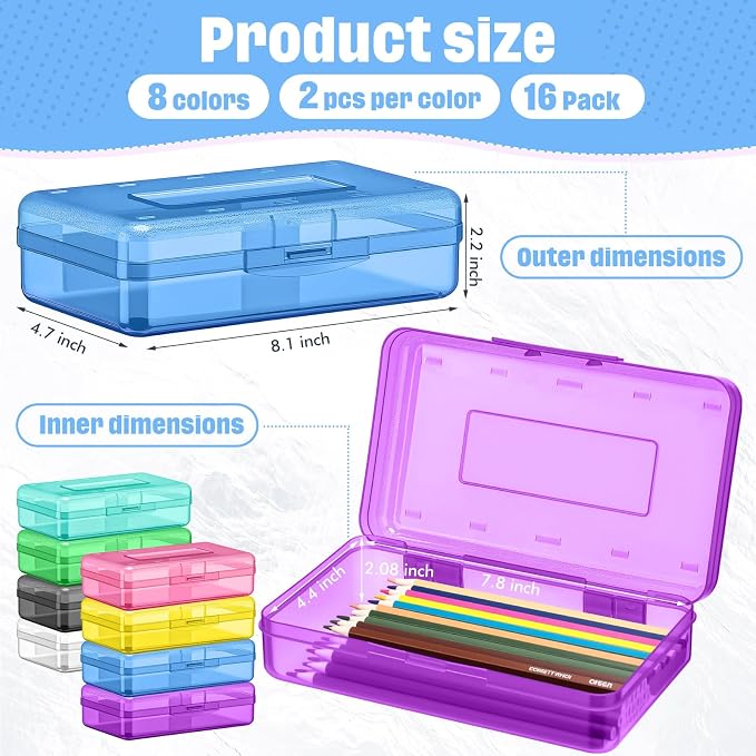 Outus 16 Pcs Plastic Pencil Box Large Crayon Maker Box with Snap Lid Plastic Pencil Case Office Supplies Organizer for Craft Painting Brush (Black,Purple,Navy,Pink,Yellow,Green,Blue,Clear) - Image 2