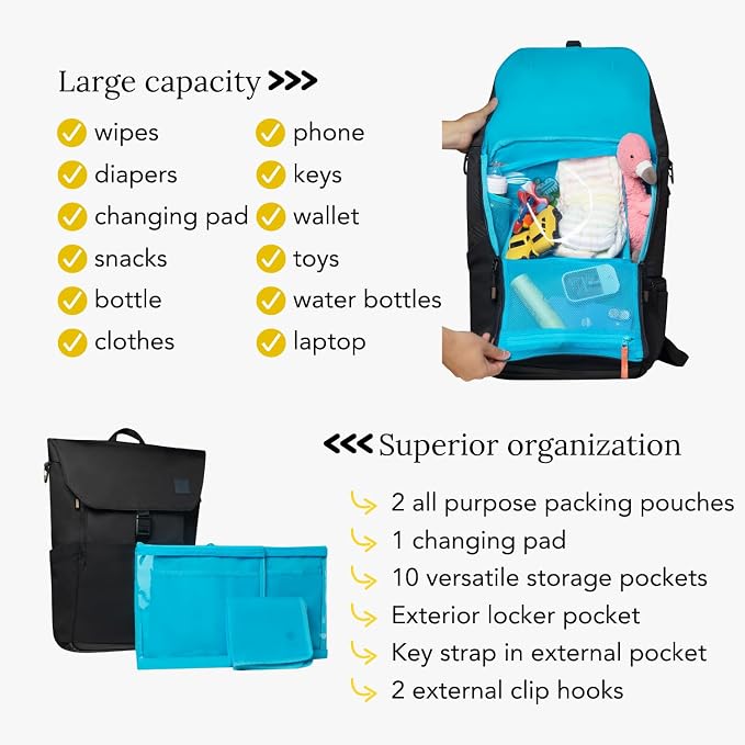 Huhu Diaper Bag Backpack – Large Baby Bag for Moms & Dads – Water-Resistant, Unisex Travel Kit for New Parents – Includes Changing Pad and 2 Organizer Pouches (Midnight Black) - Image 3