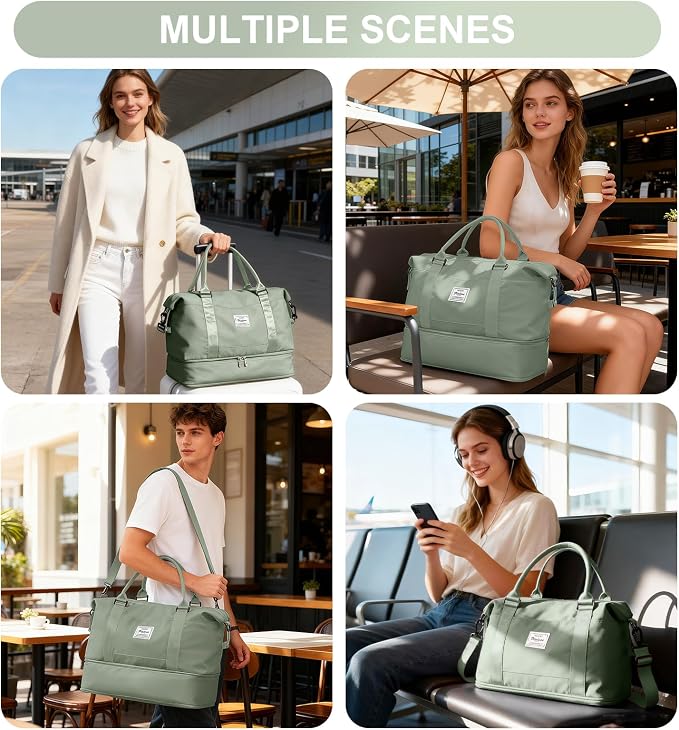Travel Duffel Weekender Bag Women Tote Carry On Bags With Shoe Compartment | 18x14x8 inches Travel Overnight Bags with Trolley Sleeve for Airplanes Sport Tote Gym for Men Lightweight Daypack-BeigeGreen - Image 8