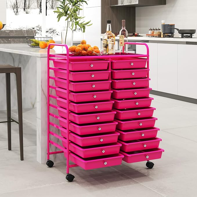 RELAX4LIFE 20-Drawer Rolling Storage Cart - Mobile Rolling Cart w/Drawers for School Classroom Teacher Office Home Salon, Paper File Art Supply Craft Organizer, Utility Cart on Wheels (Hot Pink) - Image 8