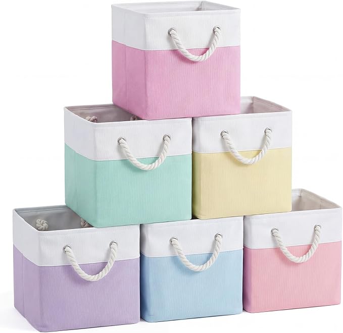 6 Pack Pastel Foldable Storage Bins , 11 Inch Cube Fabric Storage Baskets | Foldable Fabric Cube Baskets with Reinforced Handles,pastel baskets for Classroom, Shelves, Closets, Room Organization by Geiserailie