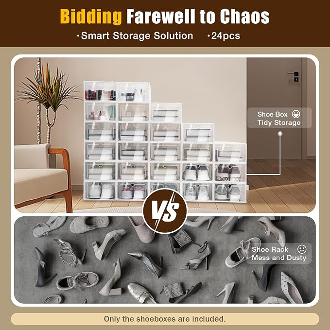 Modular Plastic Clear Shoe Storage Boxes, 24 Pack | Stackable, Ventilated, Front-Opening Door, Need Assemble, Fit up to Size 11/12, Shoe Organizer for Entryway Closet - Image 7