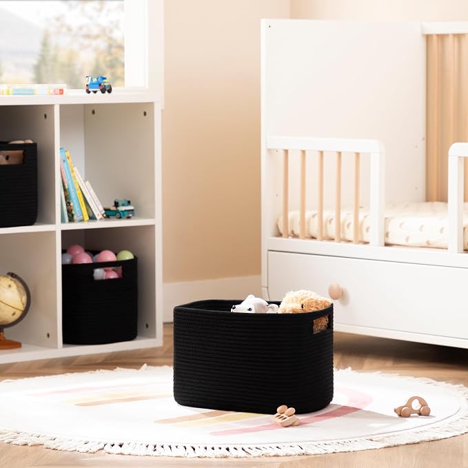 4 Pack Storage Baskets for Organizing, Shelf Baskets with Handles, Black | 14.5"Lx9.8"Wx9"H, Woven Basket, Cotton Rope Basket, Toy Storage, Cube Shelf, Gift Baskets Empty, Home Decor - Image 5